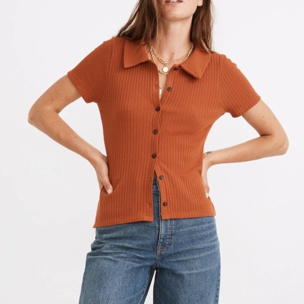 Madewell Top Womens S Rust Orange Short Sleeve Ribbed Button Front Retro Indie